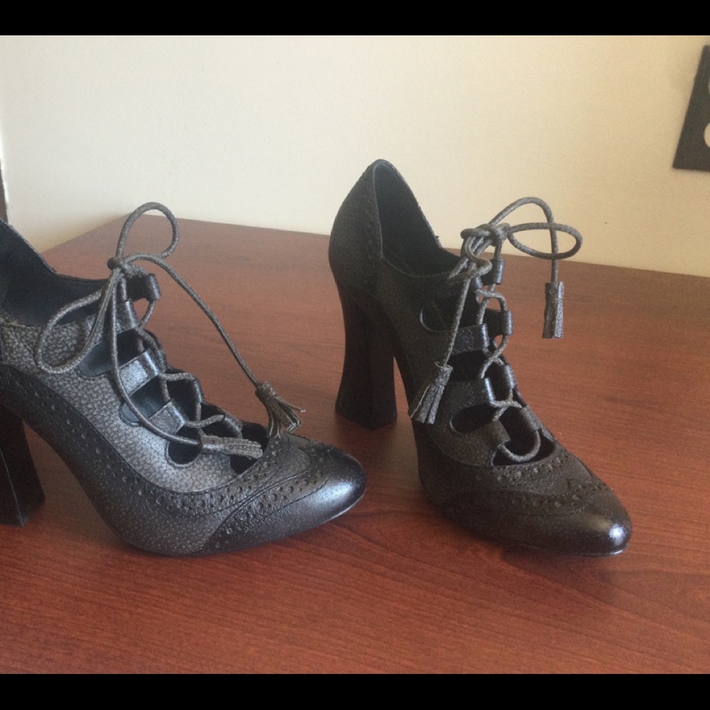 Tory Burch Black Lace-Up Leather Heels - Picture 12 of 16